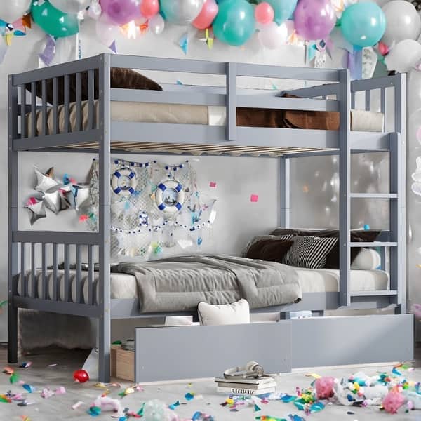slide 2 of 60, 2 in 1 Rubber Wood Bunk Bed with 2 Drawers,Twin Over Twin Kids Bed for Home Grey