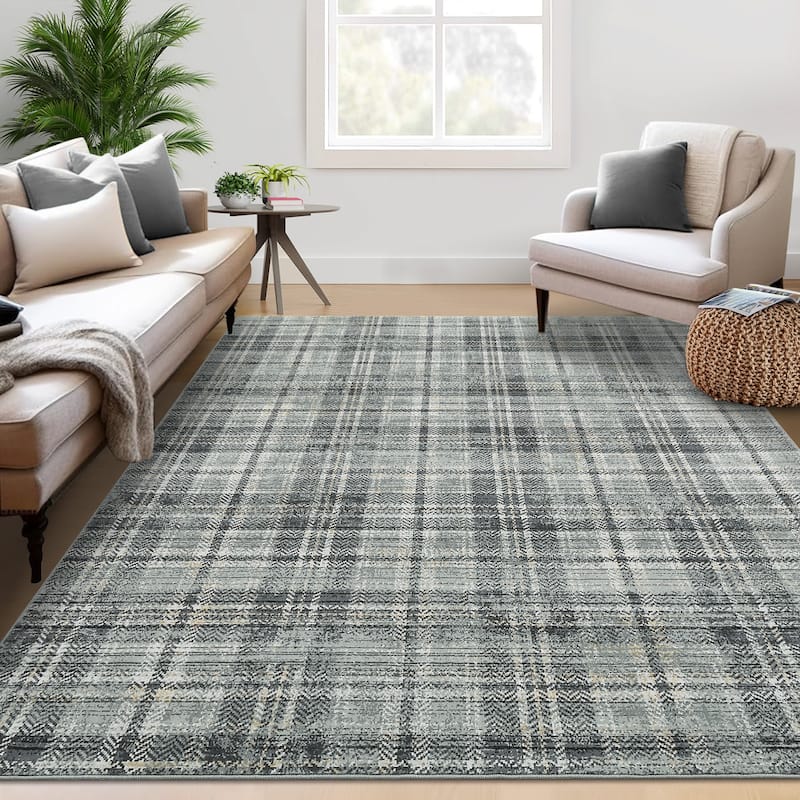 Garvee Earthy Plaid Soft Low Pile Foldable Area Rug - 5'x7' - Green