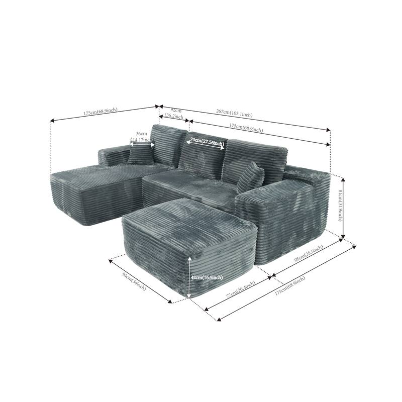 U-Shaped Sectional Couch Boneless Corduroy Couch with Chaise ‌and Ottoman‌, Upholstered Modular Lounger Sofa