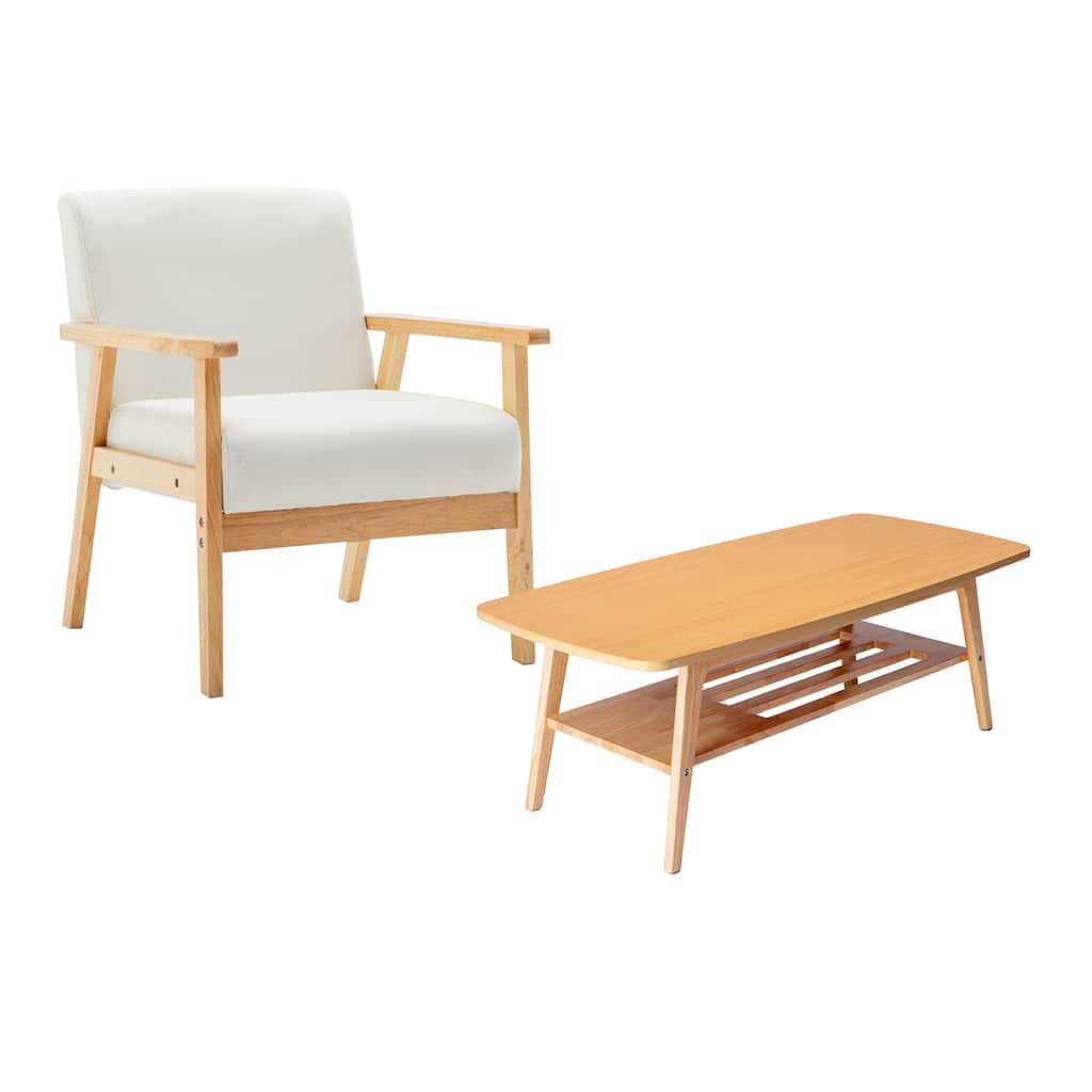 Gala Modern Chair and Coffee Table Set, Padded Seating, Beige Fabric, Wood