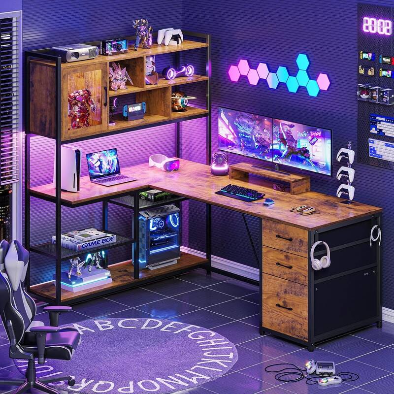 L Shaped Computer Desk 58'' Office Desk with 3 Drawers and Bookshelf - Brown
