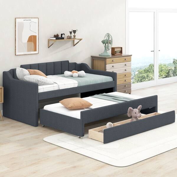 slide 2 of 13, Twin Size Upholstered Daybed Bed Frame with Pull-out Trundle Bed and 3 Storage Drawers, Box Spring Not Required, Grey Grey