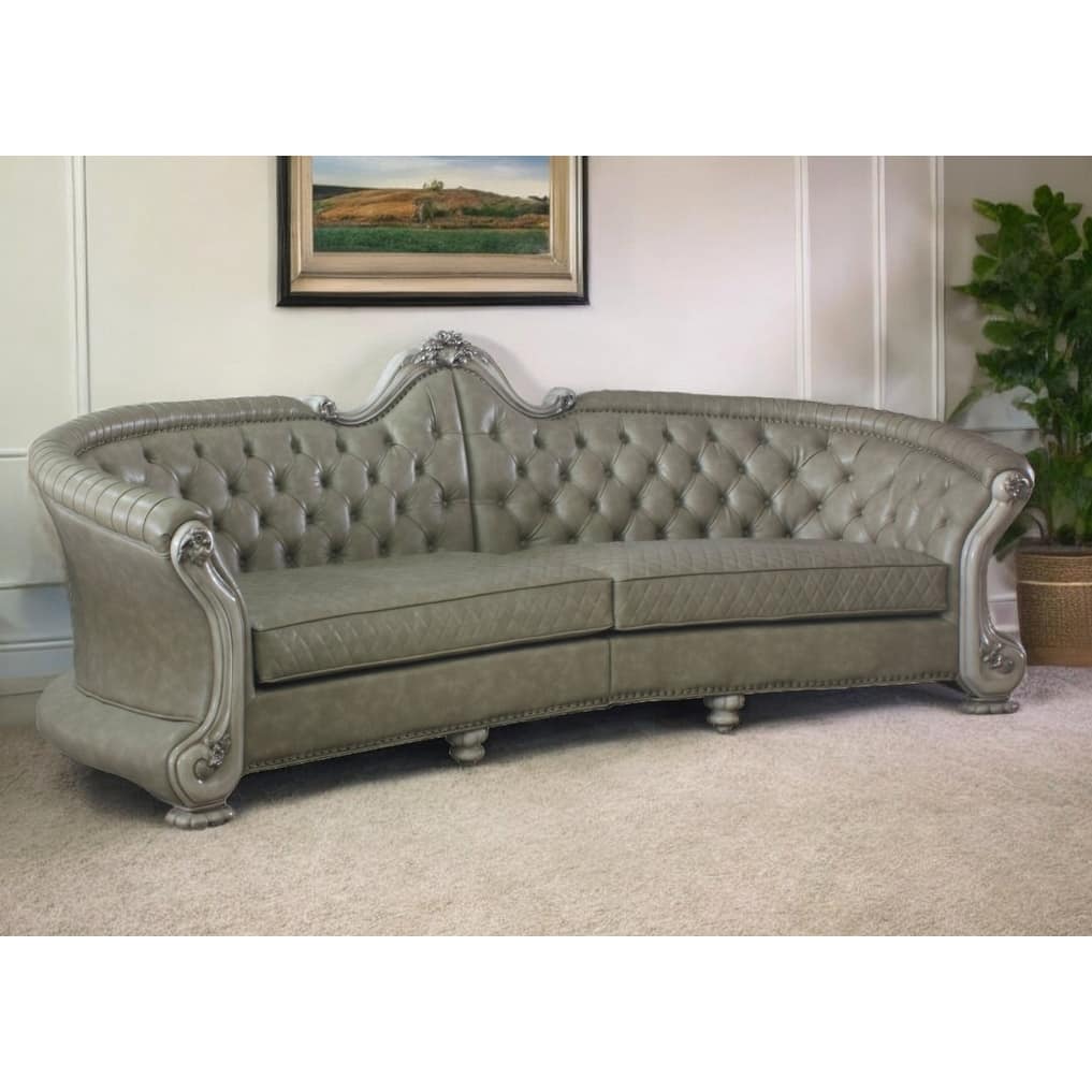 HomeRoots 113" Bone Faux Leather Sofa And Toss Pillows With White Legs - 113