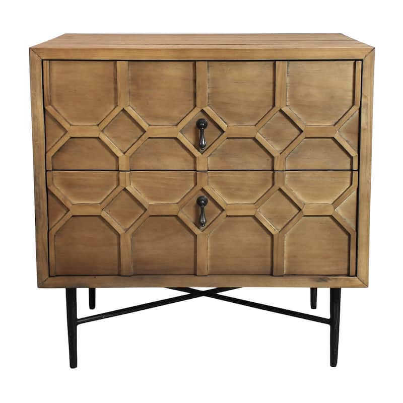 28" Natural Two Drawer Distressed Carved Geometric Solid Wood Nightstand