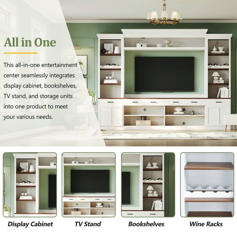 108.2" Media Wall Unit with Two Tone Walnut and Black Finish with Wine Racks