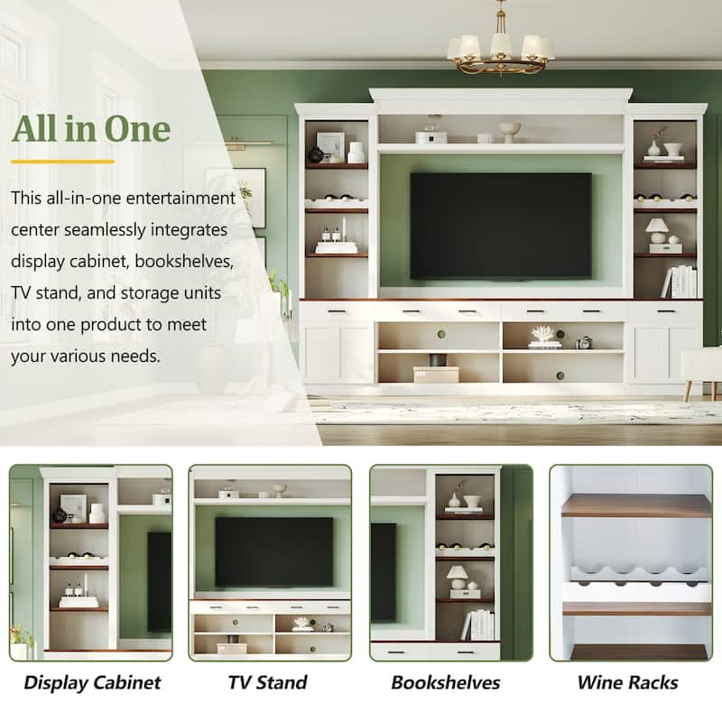 4-Piece Entertainment Wall Unit Set with Bookshelf, TV Stand with Adjustable Shelves, Large Media Console with Wine Rack