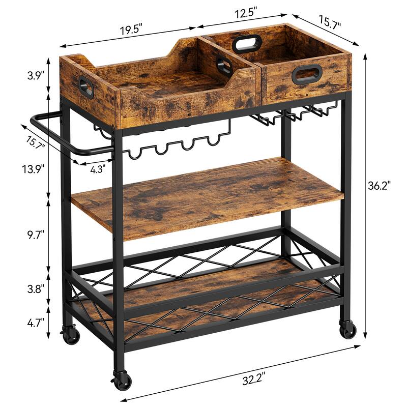 Bar Cart, 3 Tier Bar Carts for The Home,Grey Bar Cart with Wheels, Two Portable Trays, Wine Rack, Glasses Holder