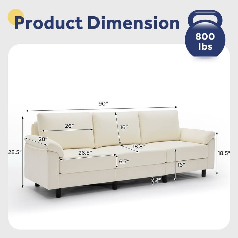 Modern Chenille 3-Seat Sofa Couch with Pillow Top Arms