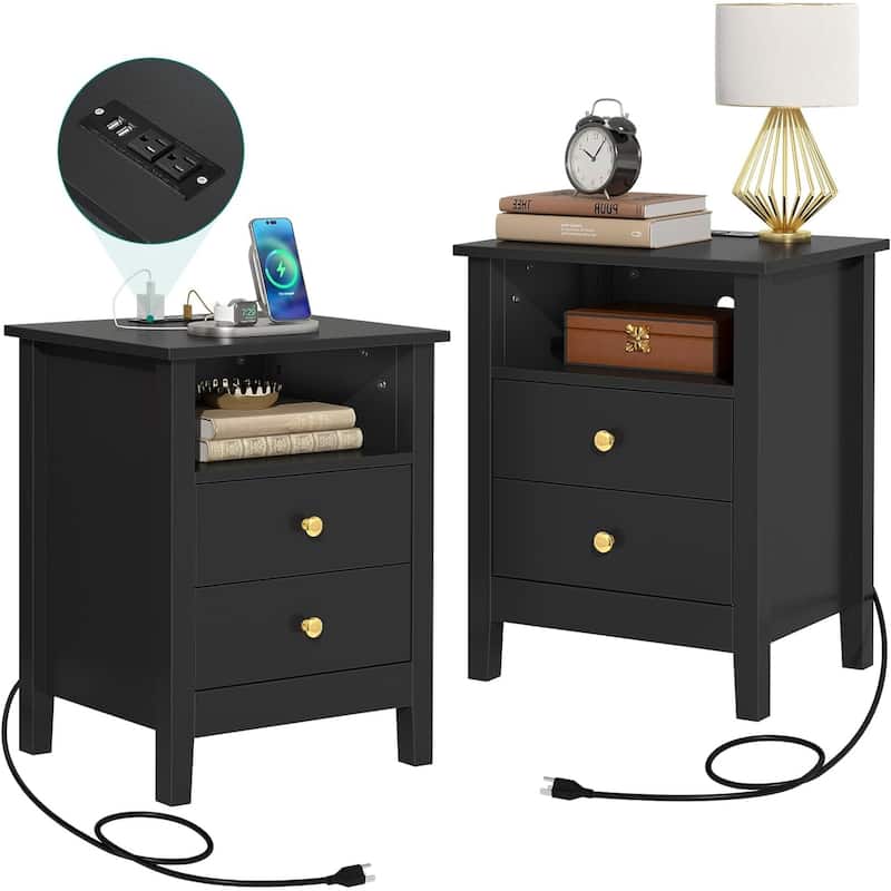 Moasis Modern LED Nightstand Set of 2 with Drawer and Storage Shelf, Bedside Table with Charging Station - Black