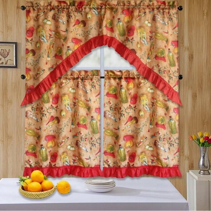 3 Piece Kitchen Curtain Rod Pocket Decorative Window Treatment Valance & Swag Curtain Set - Serafina