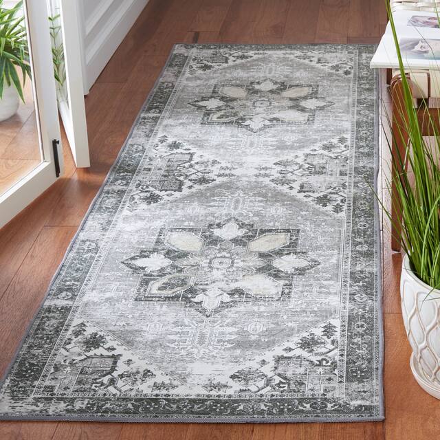 SAFAVIEH Tucson Machine Washable Slip Resistant Korneliya Oriental Medallion Rug - 2'6" x 12' Runner - Light Grey/Rust