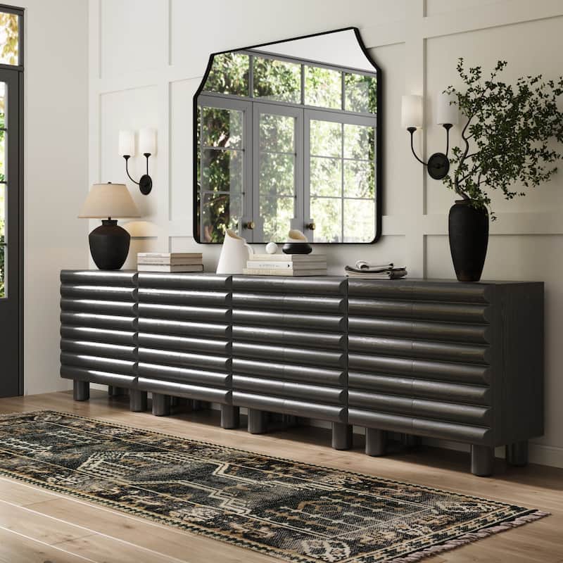 Kendra Modern Accent Cabinet with Sculpted Door, Black Contemporary Kitchen Storage Cabinet - Black Oak - Set of 4