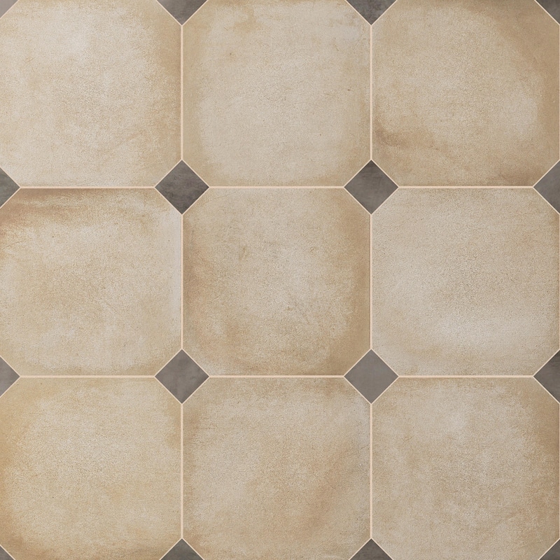 Merola Tile Laverton Octagon Beige with Taco Grafito 7-7/8" x 7-7/8" Porcelain Floor and Wall Tile