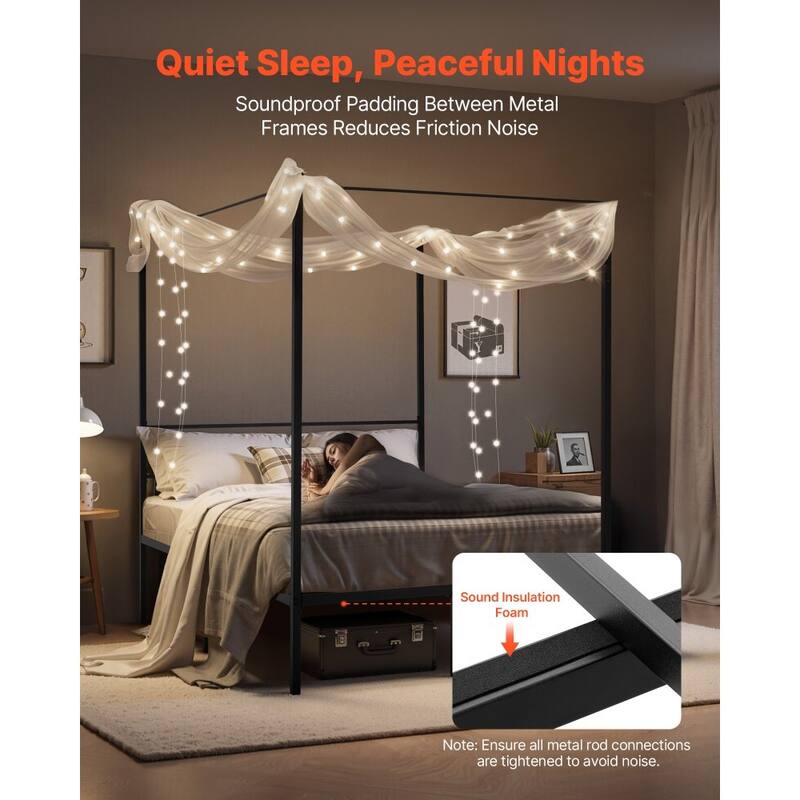 Modern Black Metal Canopy Bed Frame with 12.4 Inch Storage Clearance and Strong Weight Support
