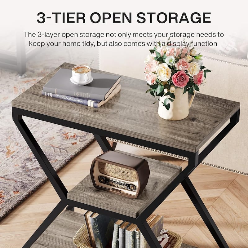 Small 3-Tier Sofa Table, Industrial End Side Table with Storage Shelves