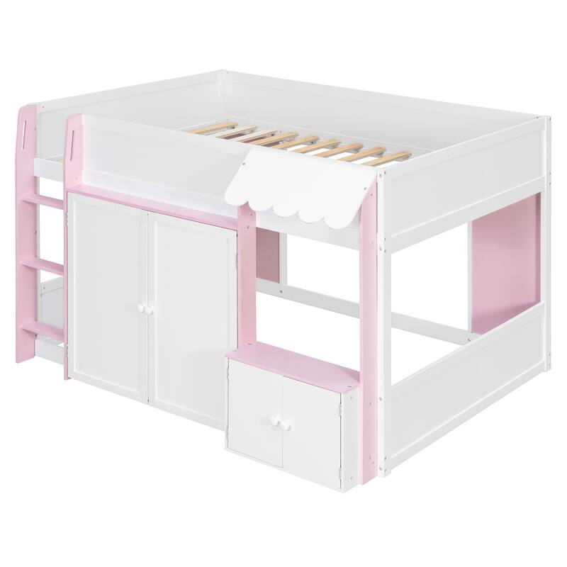 Full Size Loft House Bed with Playhouse Design & Storage, Modern Wooden Cabin Bed with Guardrails and Ladder for Kids, Teens