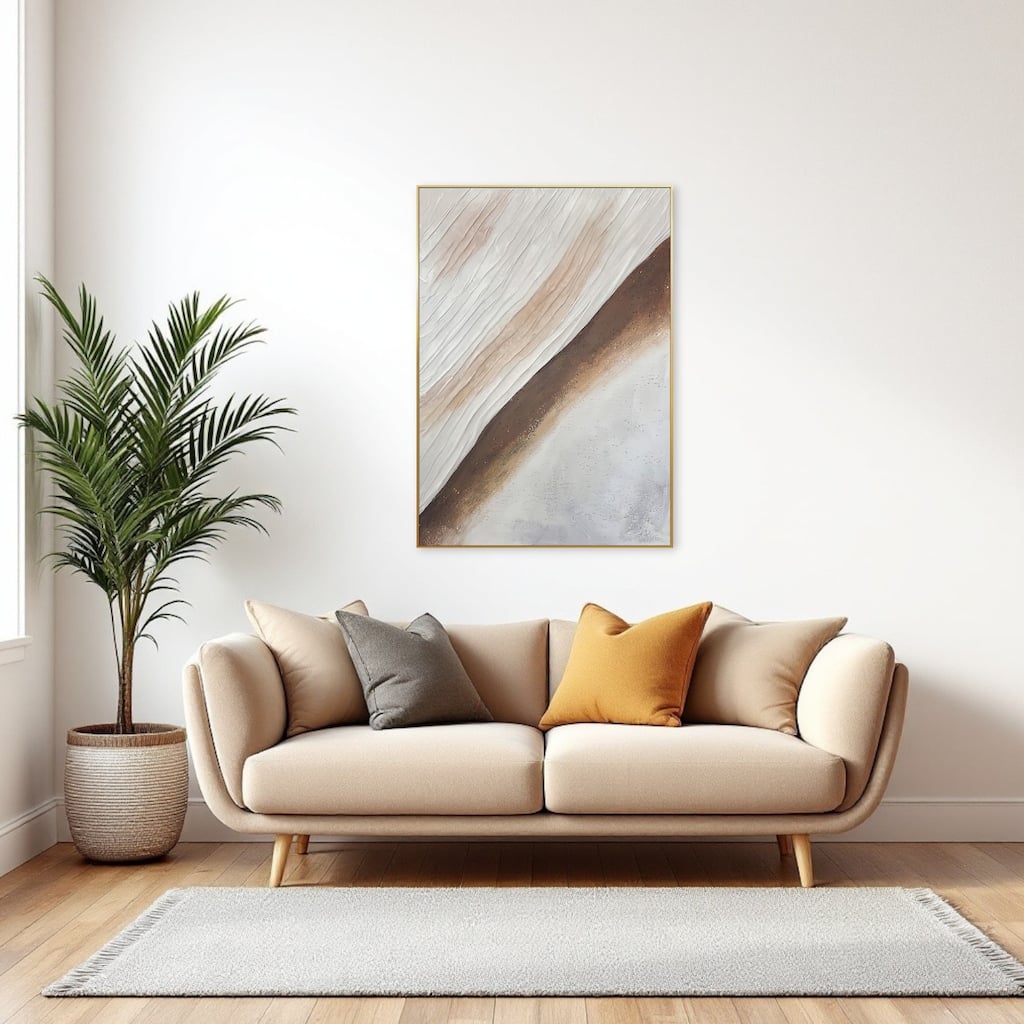 HomeRoots Beige White And Brown Modern Abstract Gold Framed Oil Painting Wall Art