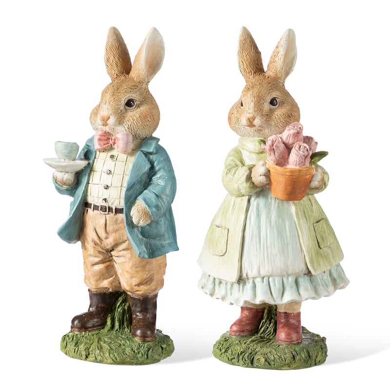 Glitzhome Easter Resin Bunny Boy Girl Table Decor with Flower Rabbit Figurine Ornaments