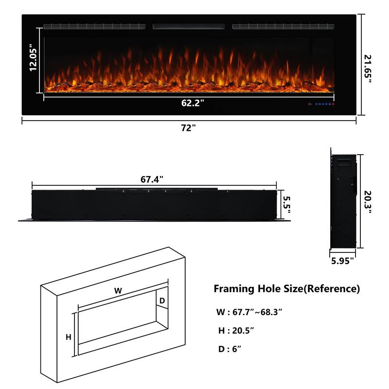 72in Wall-Mounted & Recessed Electric Fireplace Inserts - 72in