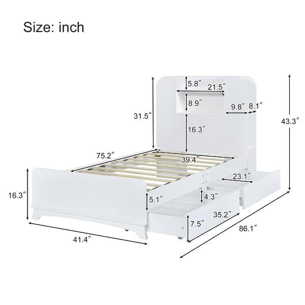 Twin Bookcase Platform Bed Frame with Drawers - White