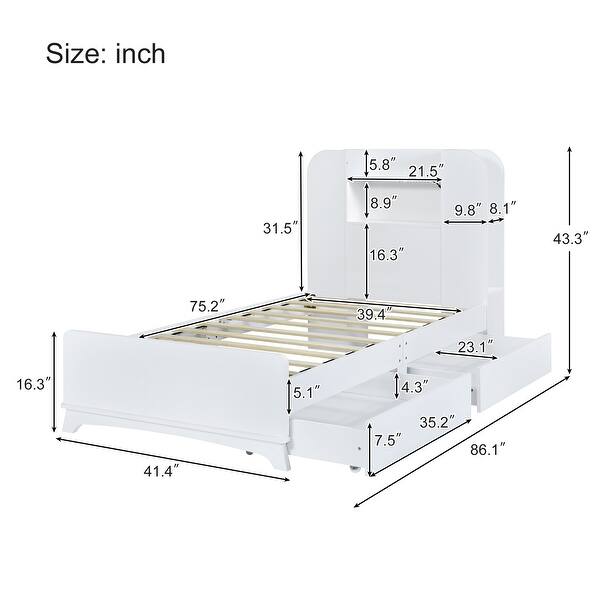 dimension image slide 0 of 2, Twin Size Platform Bed Frame with LED Headboard, 2 Drawers, and 6 Storage Shelves, Solid & Silent Construction, Oak Finish