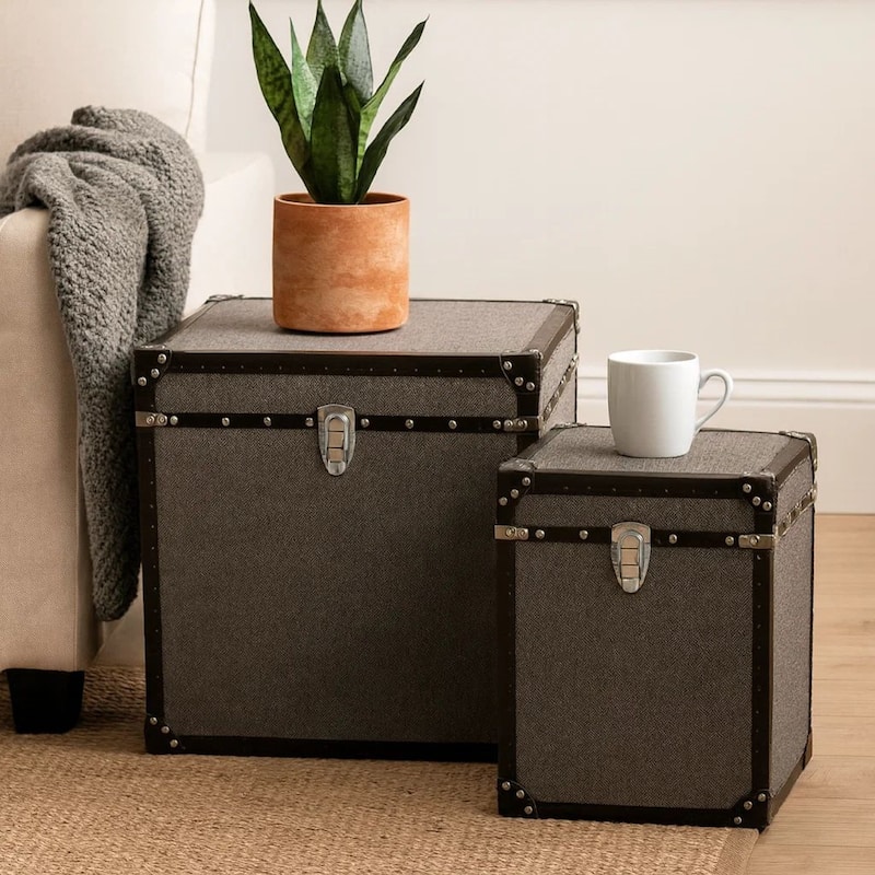 Fabric Upholstered Square Trunk with Nailhead Details, Gray, Set of 2