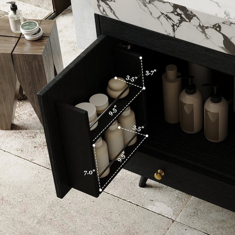 Mid-Century 30" Freestanding Bathroom Vanity with Faux Marble Top, Ceramic Sink & Gold Legs Cabinet