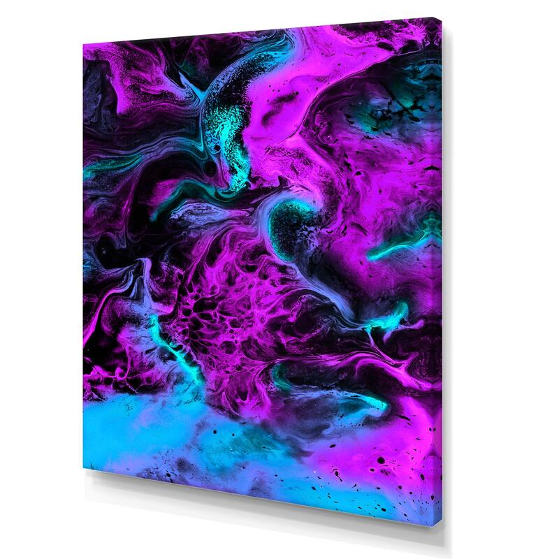 Designart "Neon Pink Blue And Green Liquid Art Landscape" Modern Canvas Wall Art Print Bed