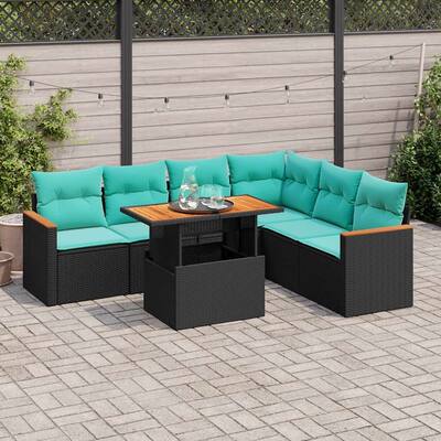 vidaXL 7 Piece Patio Sofa Set with Cushions Black Poly Rattan - 21.7 x 24.4 x 27.2