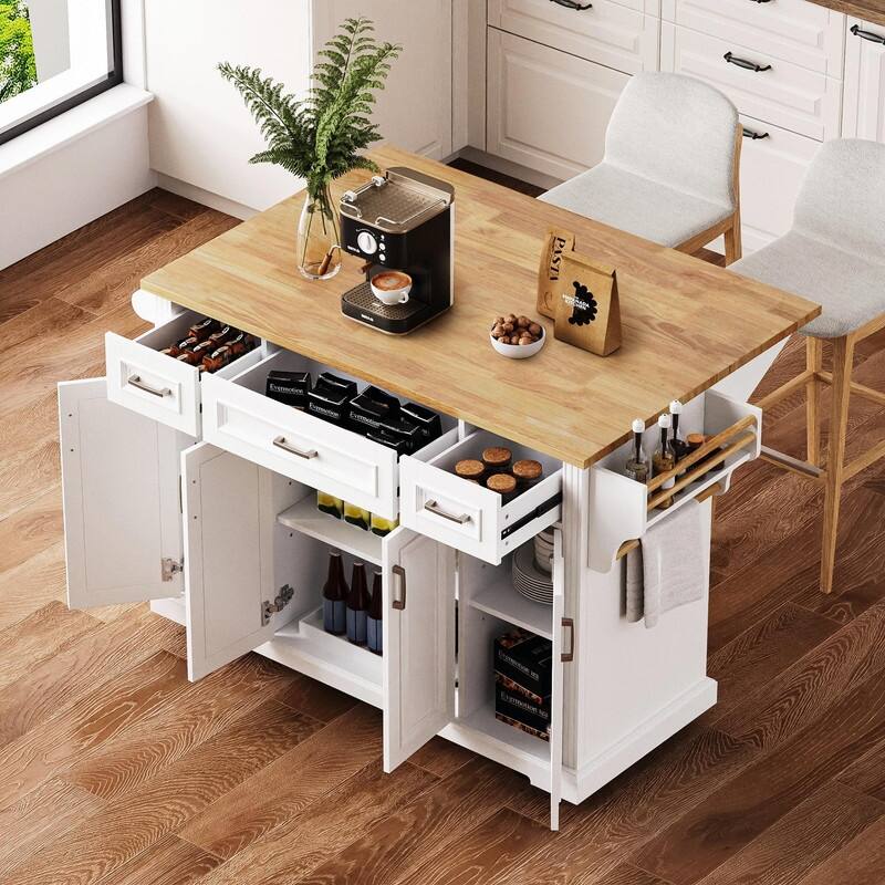54" Rolling Kitchen Island Cart with Rubberwood Drop Leaf, 4 Doors & 3 Drawers