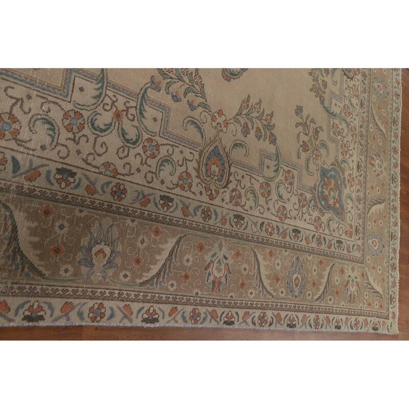 Hand Knotted Oriental 100% Wool Carpet Traditional Medallion Beige & Ivories Tabriz Area Rug - 12' 7'' X 9' 10''