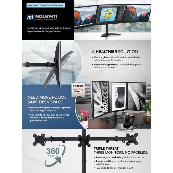 Mount It Triple Monitor Stand Freestanding Desk Mount Fits 3 Universal Monitors Up To 27 Inches Overstock 18258108