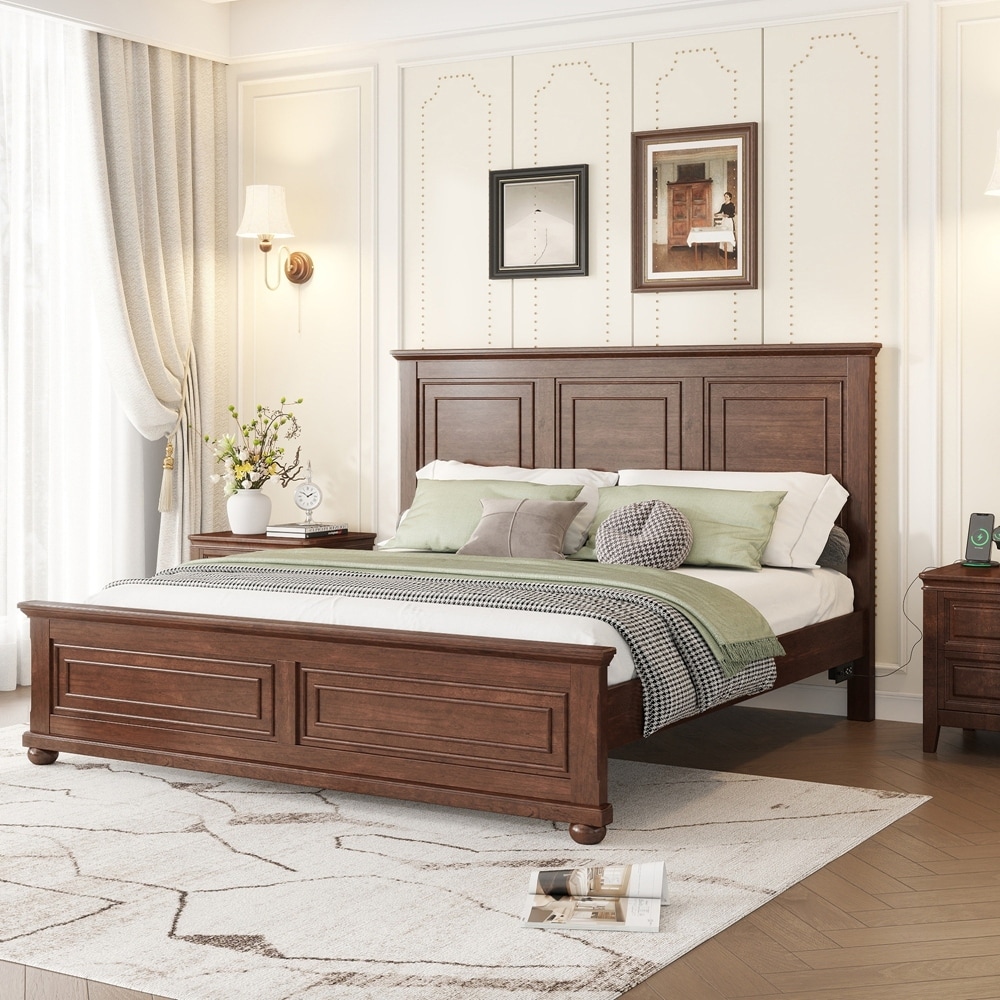 Tall Headboard Pinewood Bed with Strengthened Bed Frame with USB Charging Station