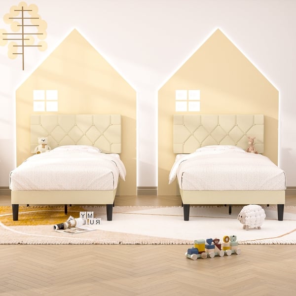 slide 2 of 9, 2 Pcs Twin Bed Frames with Adjustable Headboard, Modern Linen Upholstered Platform Bed w/Button Tufted Headboard Beige - Twin