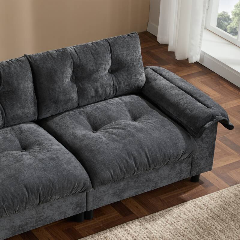 Chenille Tufted L-Shape Sectional Sofa with Storage Ottoman, Pockets and All-in-one Armrest with Dual-Port Charging, Cup Holder