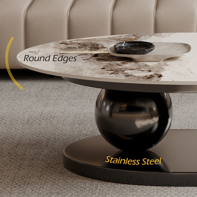 51" Modern Pandora Oval Coffee Table with Glossy Sintered stone top, Luxury Coffee Table, Stainless Steel Legs for Livingroom