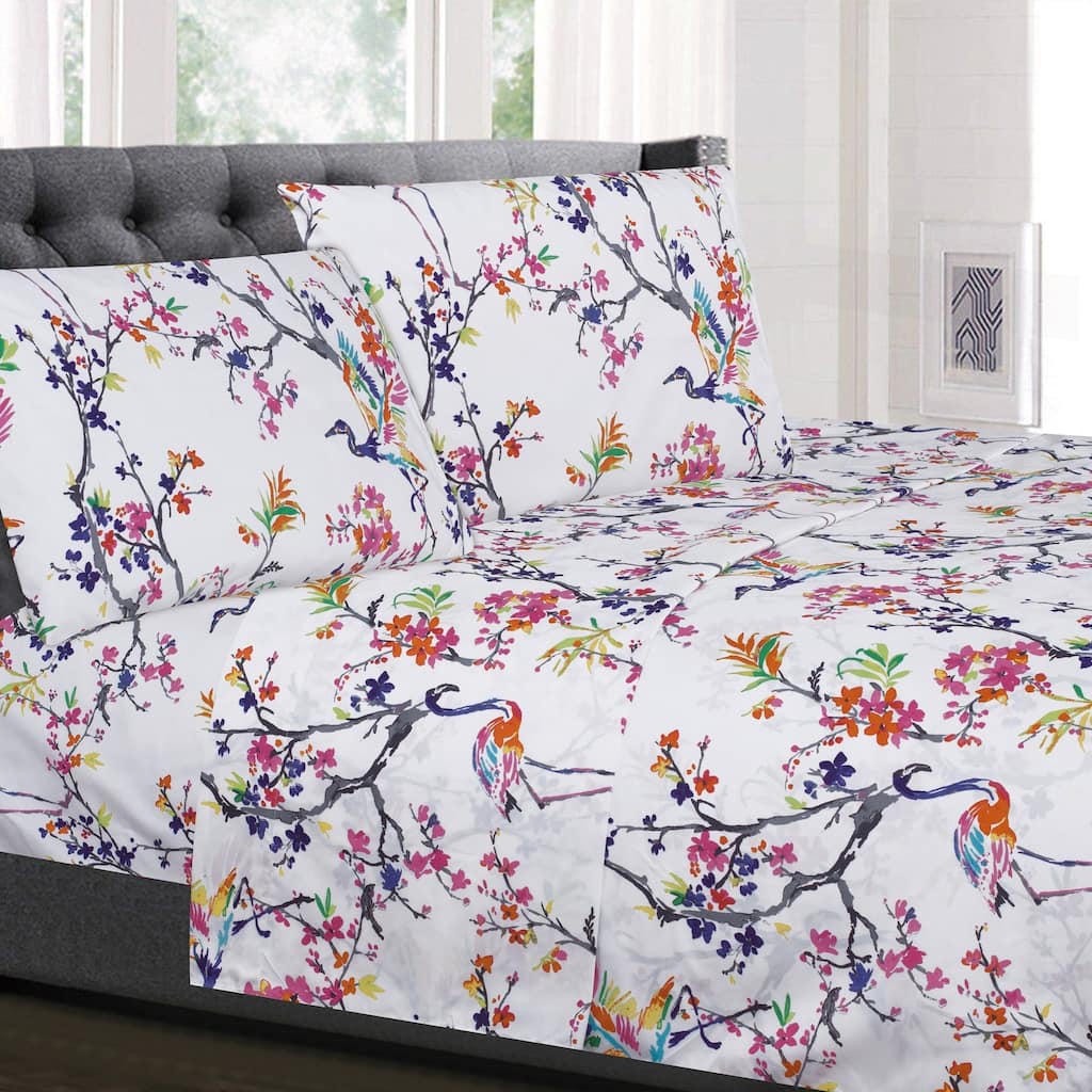 Sweet Home Collection Botanical 4 Piece Printed Sheet Set, Double Brushed Microfiber