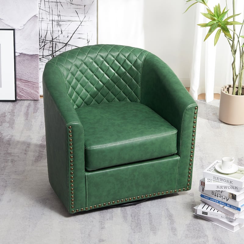 KINWELL 29" Wide Tufted PU Leather Swivel Barrel Chair