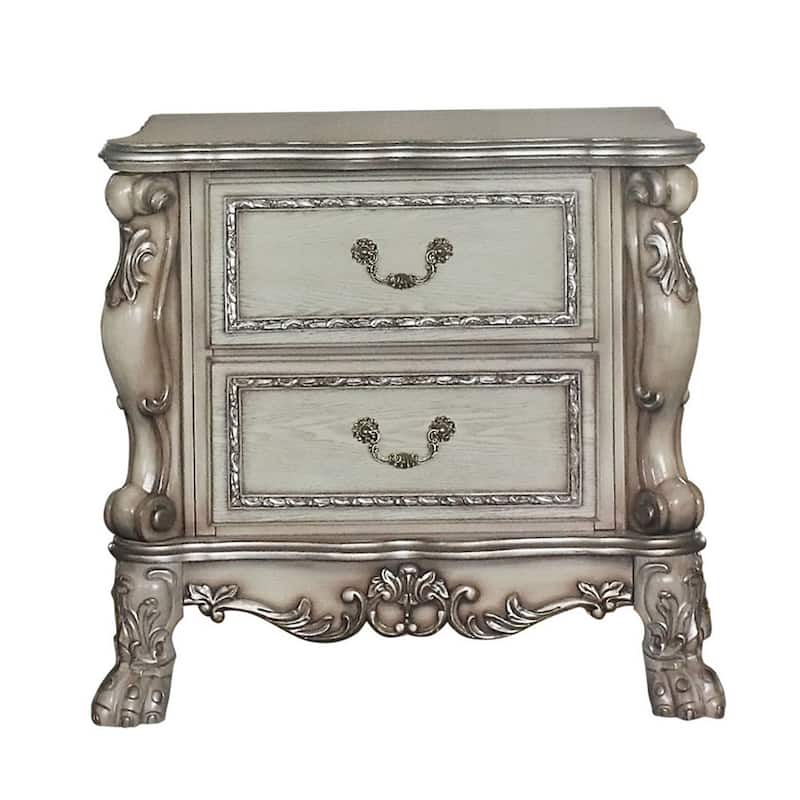 Traditional Wooden Nightstand with 2 Drawers and Carved Details, Silver