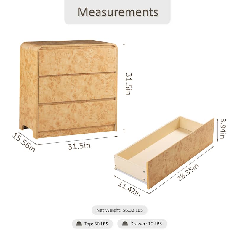 COZAYH Farmhouse Wood Nightstand, Rounded Edge Modern & Mid-Century Dresser, Burl Wood Finish in Natural