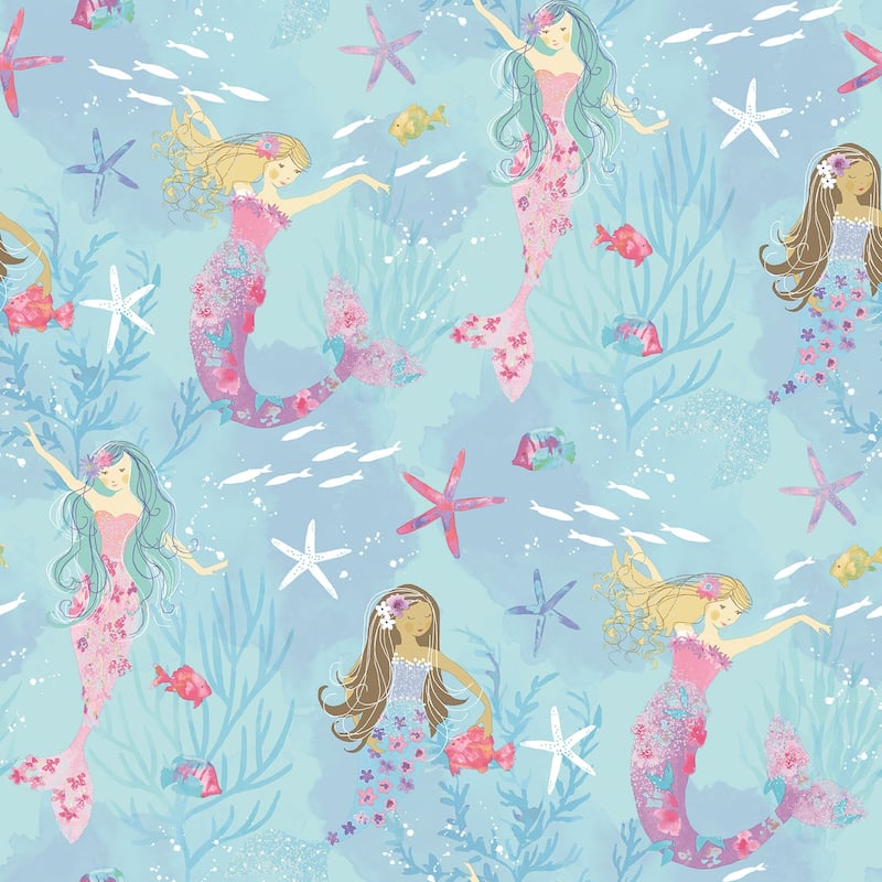 Galerie Wallcoverings Tiny Tots 2 Mermaids Non-woven Glittery Wallpaper Roll - 33 feet x 21 inches - Turquoise/Hot Pink/Glitter