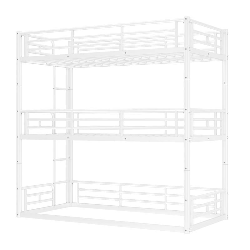 Twin over Twin over Twin Bunk Bed, Metal Triple Bunk Bed with Safety Guardrails, Heavy-duty Bunk Bed with Noise-reduced Design