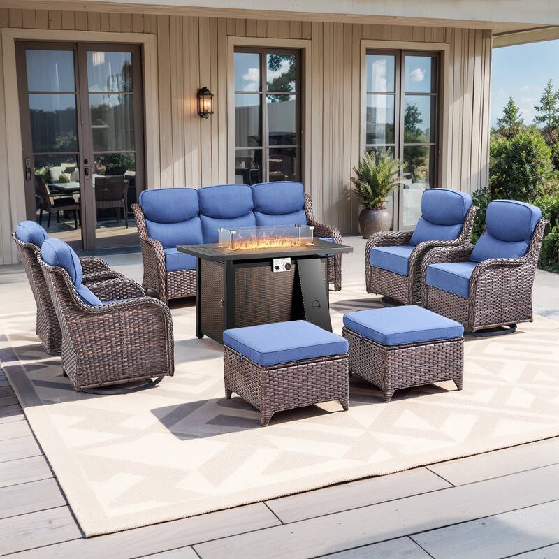 Pocassy Patio Furniture Set with 43 inch Fire Pit Table - Blue Cushion Brown Wicker - 8-Piece Sofa Siwvel Chair Ottoman w/ Fire Table