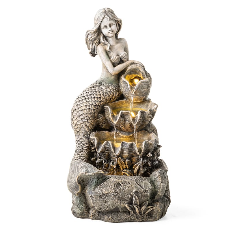 Glitzhome 22"H 4-Tiered LED Lighted Mermaid Fairy Polyresin Outdoor Floor Statue Fountains - Mermaid