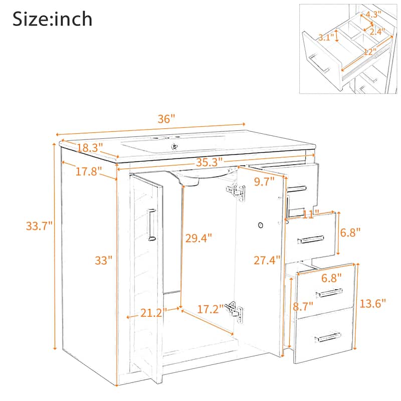 48" Bathroom Vanity with Resin Sink, Soft-Close 6 Drawers & Double Doors with 2-Tier Shelves, Solid Pine Legs, White