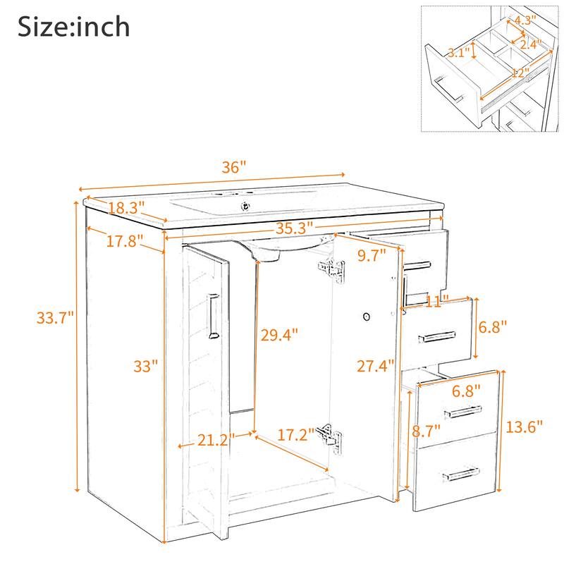 GDFStudio 36'' Bathroom Vanity with Ceramic Sink,Freestanding Vanity Set with 3 Drawers& Soft Closing Doors