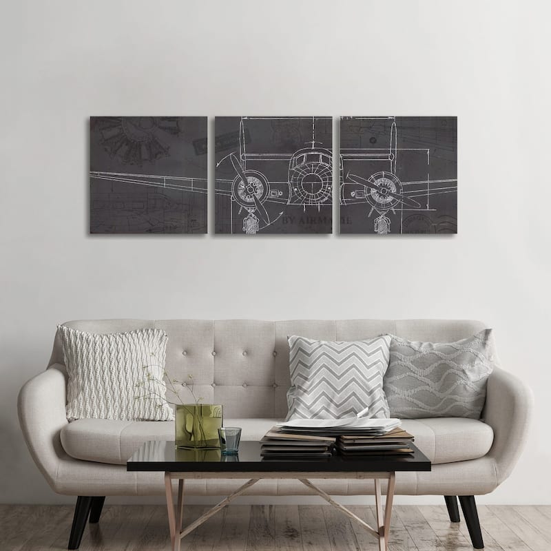 iCanvas "Plane Blueprint IV" by Marco Fabiano 3-Piece Canvas Wall Art Set - 24x72x1.5
