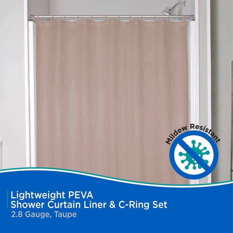 Kenney Lightweight PEVA Shower Curtain Liner and C-Ring Set, 70" W x 72" H