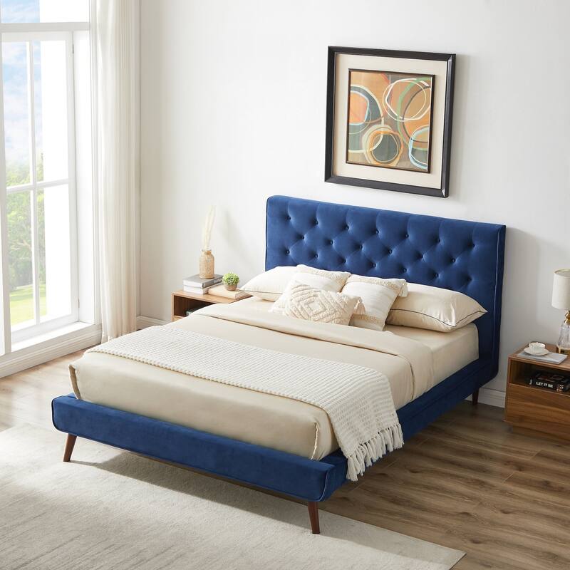 Queen Size Velvet Mid-Century Platform Bed with Tufted Headboard and Solid Wood Frame