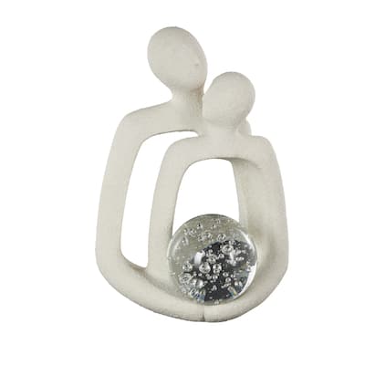 White Polystone Abstract Textured People Decorative Sculpture with Clear Glass Bubble Textured Orb and Black Speckles